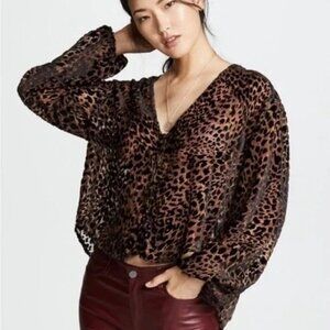 Free People Wild Dreams Leopard Velvet Burnout Printed Blouse Oversized XS